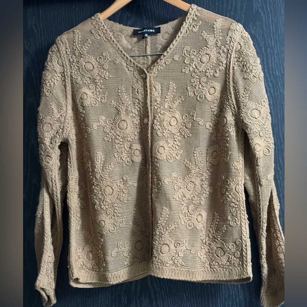 Solitaire Beige/tobacco color Floral Knit Cardigan